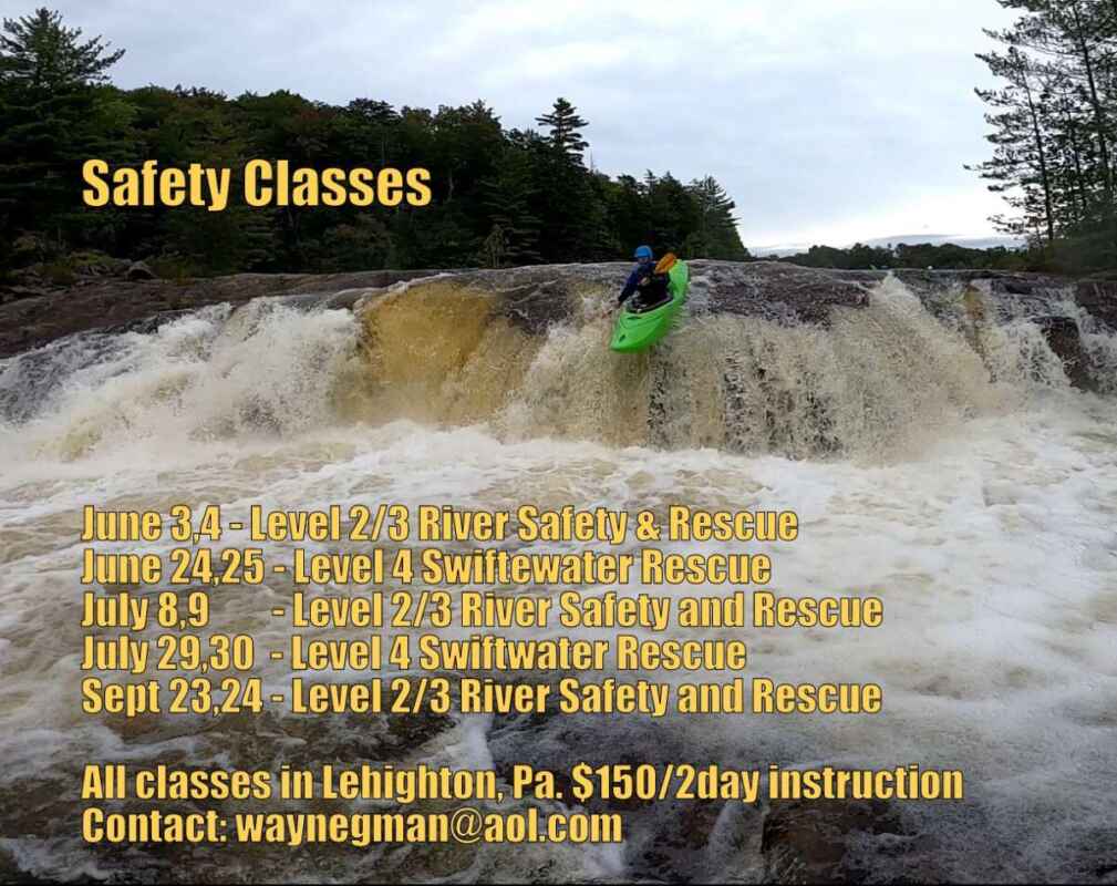 2023 safety classes with Wayne G. showing a kayaker going over a falls.