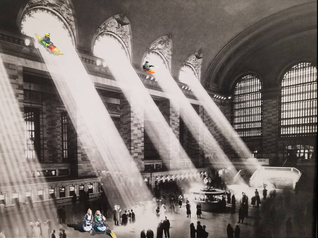 kayak grand central - kayakers descent the light beams and pose on the floor of this iconic grand central image